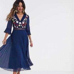Asos Lace Insert Pleated w Embroidery Navy UK8 New